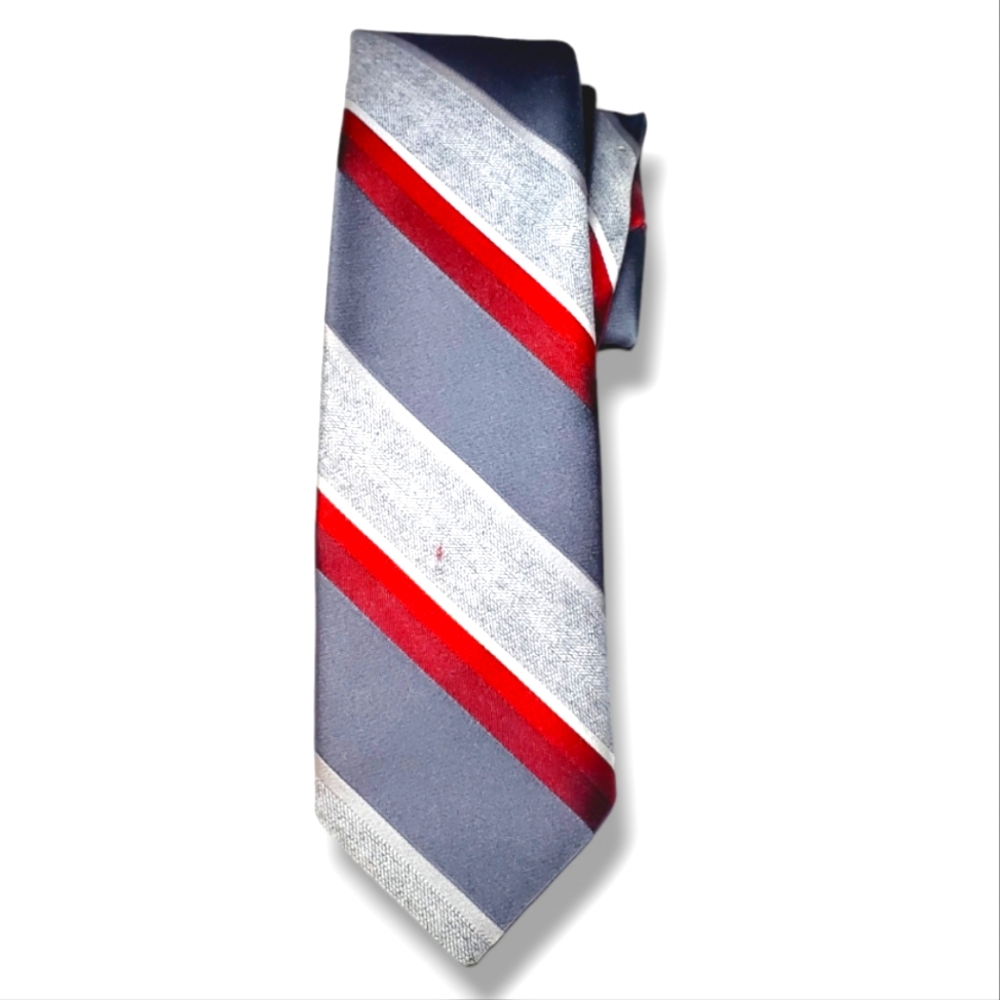 #Y Castle Vintage Ref Tie Silver Red Gray Striped Pattern 100% Silk Necktie